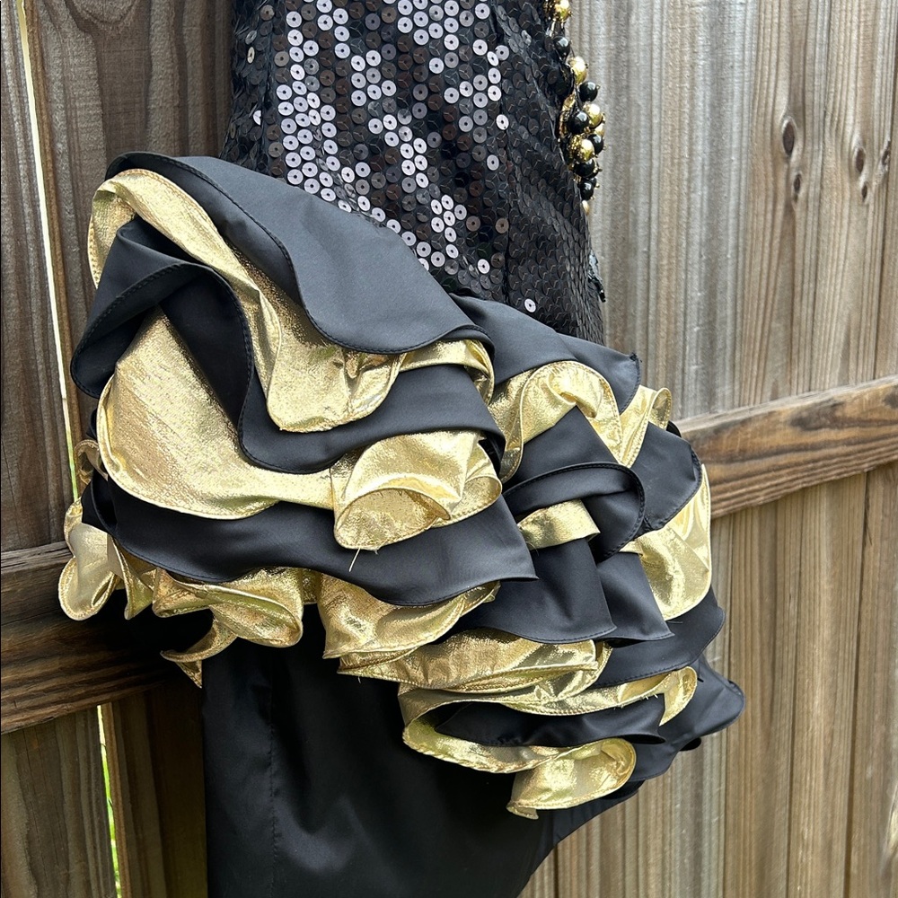 Vintage 1991 Alyce Designs Black and Gold Sequin Prom Dress with Ruffles - Picture 9 of 16